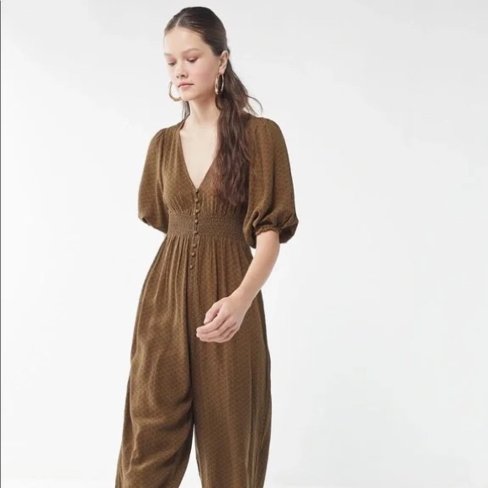 Urban Outfitters Green/Brown Puff Sleeve Jumpsuit